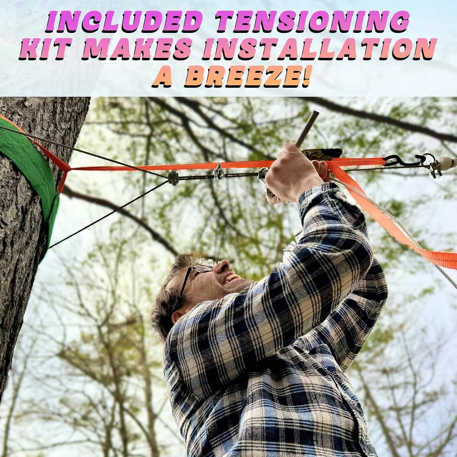 Zipline for Kids and Adult, Zip line Kits for Backyard with Stainless Steel Spring Brake, Cable Tensioning Kit, Safety Harness, 2 Tree Protectors and Full Set of Zip line Accessories, 1/4 inch Cable