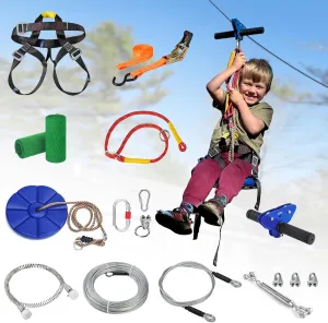 Zipline for Kids and Adult, Zip line Kits for Backyard with Stainless Steel Spring Brake, Cable Tensioning Kit, Safety Harness, 2 Tree Protectors and Full Set of Zip line Accessories, 1/4 inch Cable