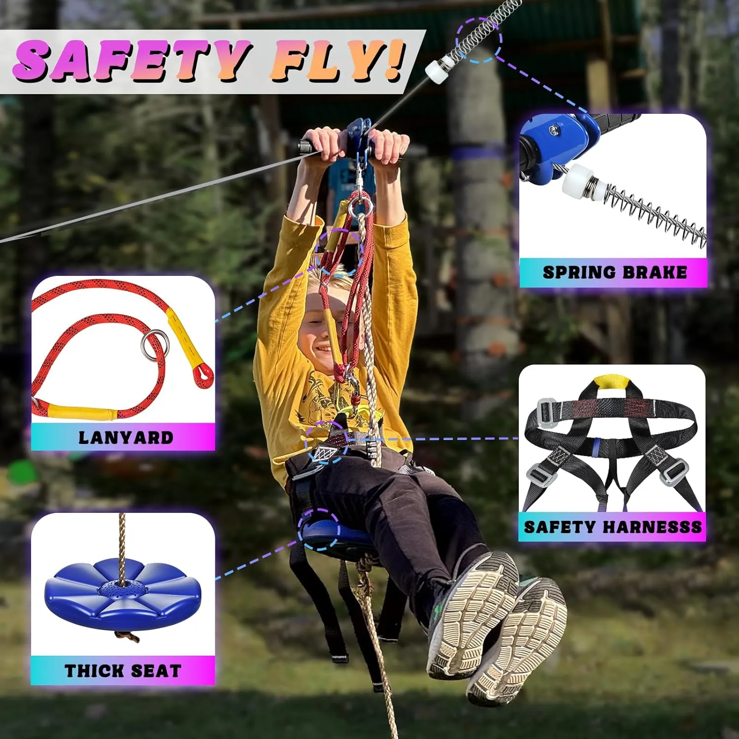 Zipline for Kids and Adult, Zip line Kits for Backyard with Stainless Steel Spring Brake, Cable Tensioning Kit, Safety Harness, 2 Tree Protectors and Full Set of Zip line Accessories, 1/4 inch Cable