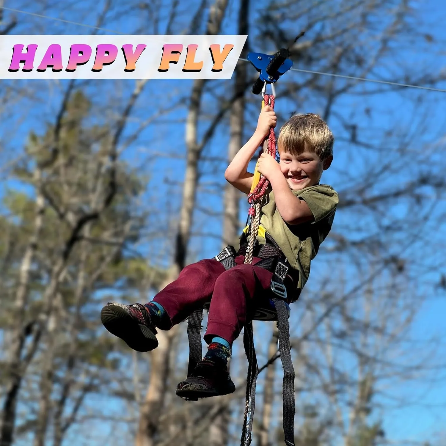 Zipline for Kids and Adult, Zip line Kits for Backyard with Stainless Steel Spring Brake, Cable Tensioning Kit, Safety Harness, 2 Tree Protectors and Full Set of Zip line Accessories, 1/4 inch Cable