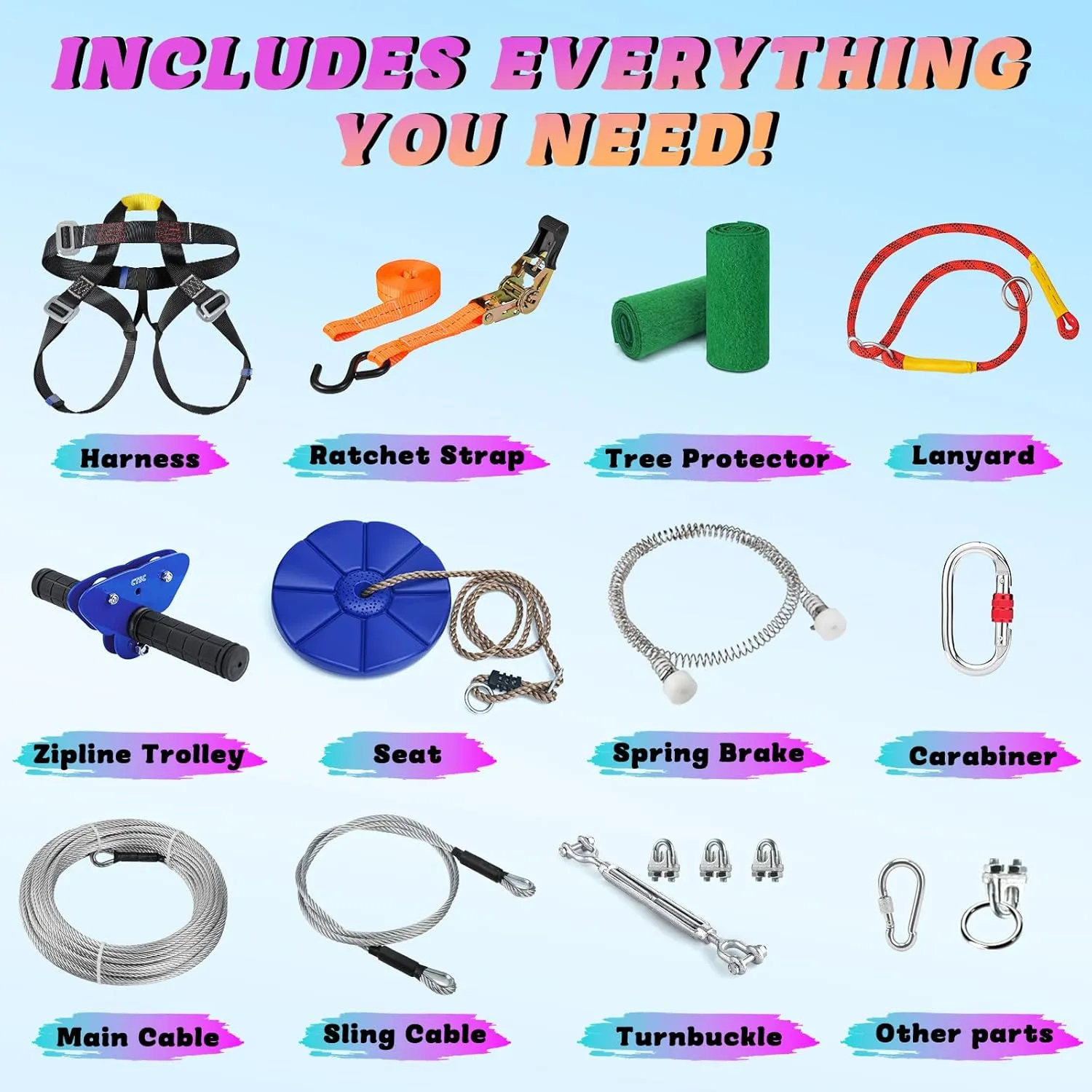 Zipline for Kids and Adult, Zip line Kits for Backyard with Stainless Steel Spring Brake, Cable Tensioning Kit, Safety Harness, 2 Tree Protectors and Full Set of Zip line Accessories, 1/4 inch Cable