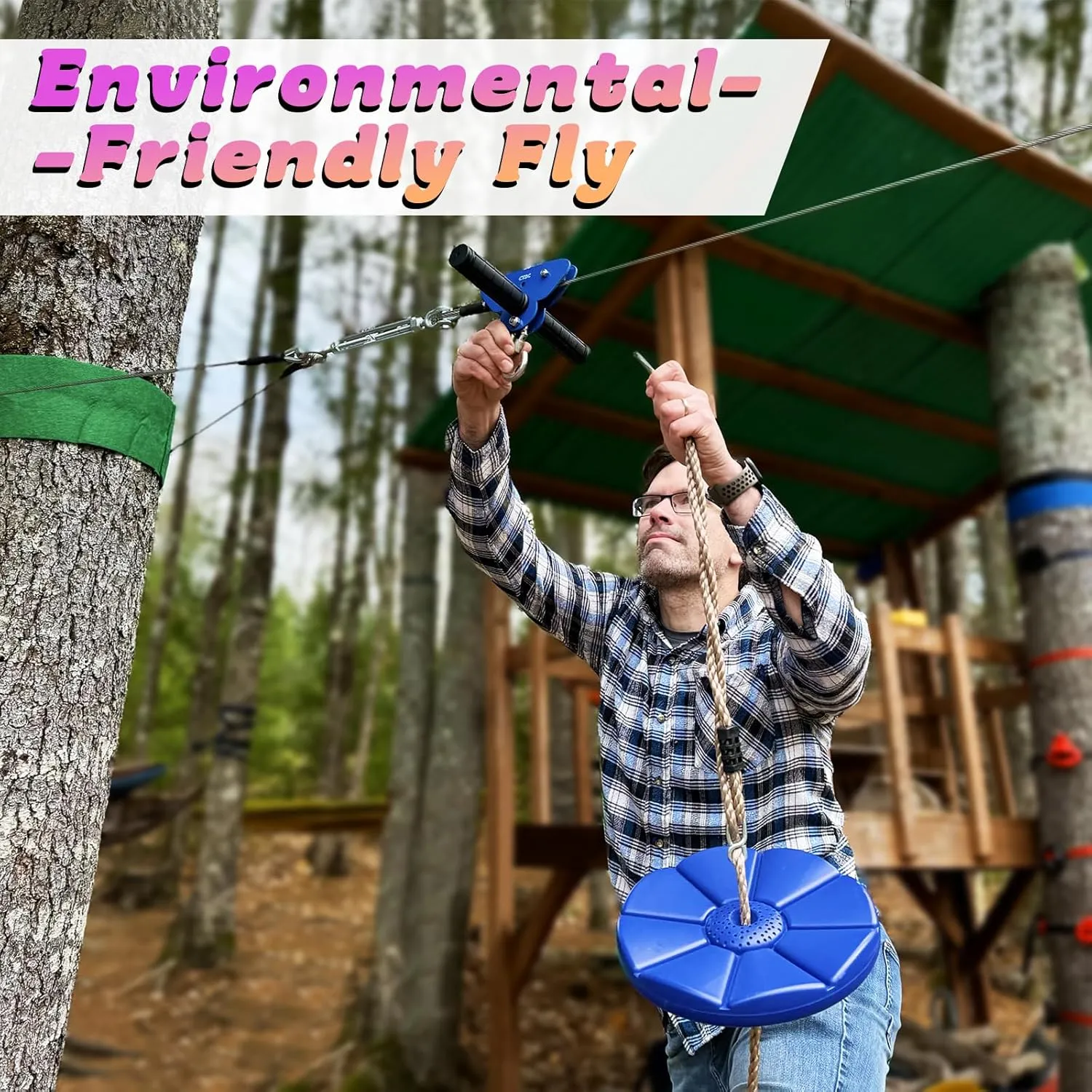 Zipline for Kids and Adult, Zip line Kits for Backyard with Stainless Steel Spring Brake, Cable Tensioning Kit, Safety Harness, 2 Tree Protectors and Full Set of Zip line Accessories, 1/4 inch Cable