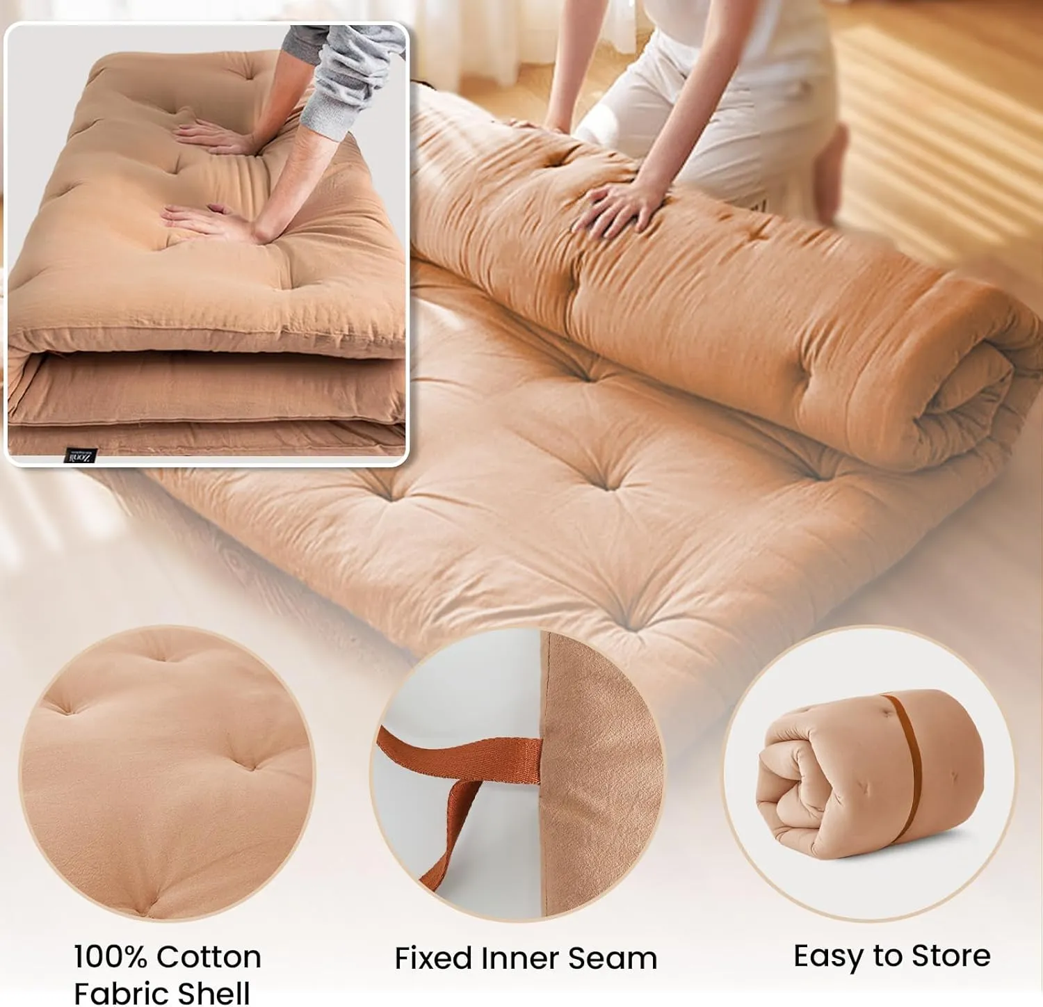 ZonLi Japanese Floor Futon Mattress Twin Size 39"x 80",100% Cotton 2.5'' Thicken Tatami Mattress,Foldable Sleeping Pad,Portable Dormitory Tatami Mat,Roll Up Floor Lounger Bed for Adult (Burro)